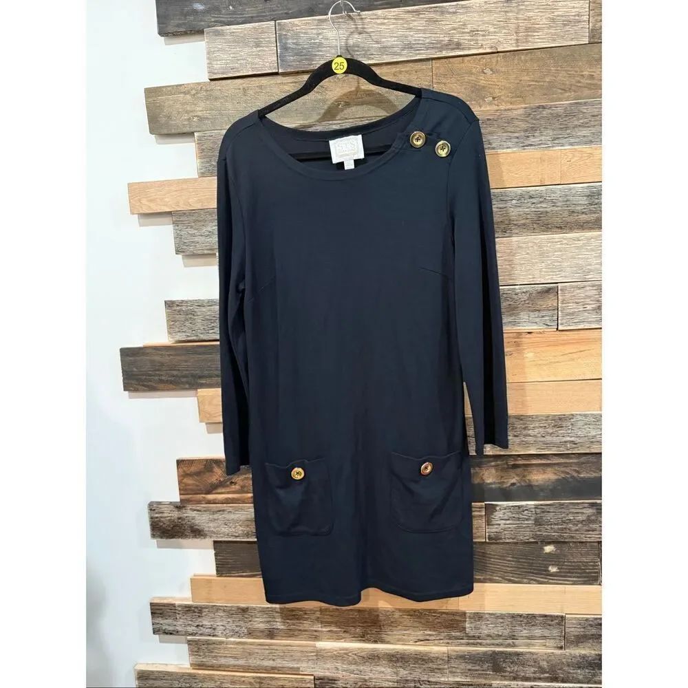 SAIL TO SABLE STS Navy Crewneck Button-Shoulder Long Sleeve Dress Sz Medium